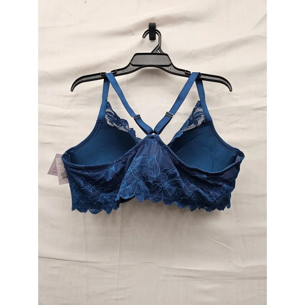 Auden Womens Lace Front Close Push Up Plunge Bra Blue Nylon Blend Size 44D